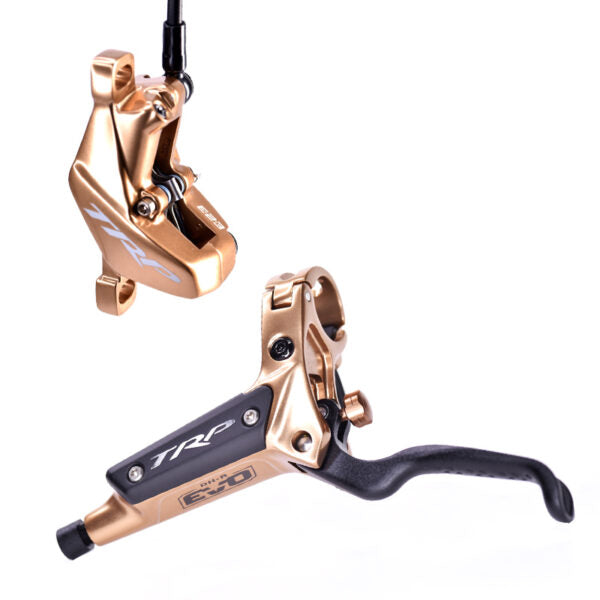TRP DH-R downhill brake system in premium gold finish for professional mountain bike racing performance