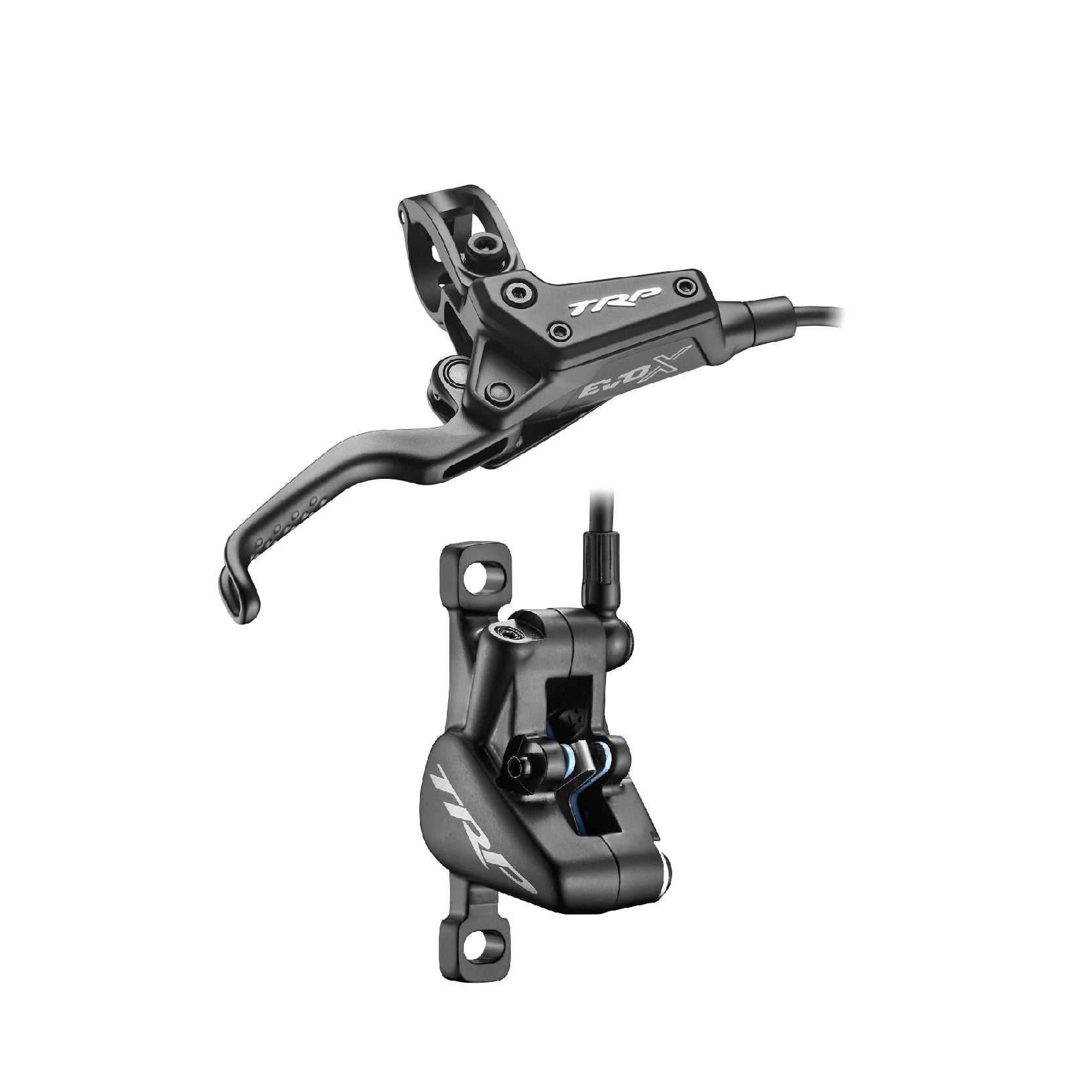close‑up of TRP EVO X hydraulic MTB disc brake caliper and lever in black — race‑tuned for XC and down‑country riding