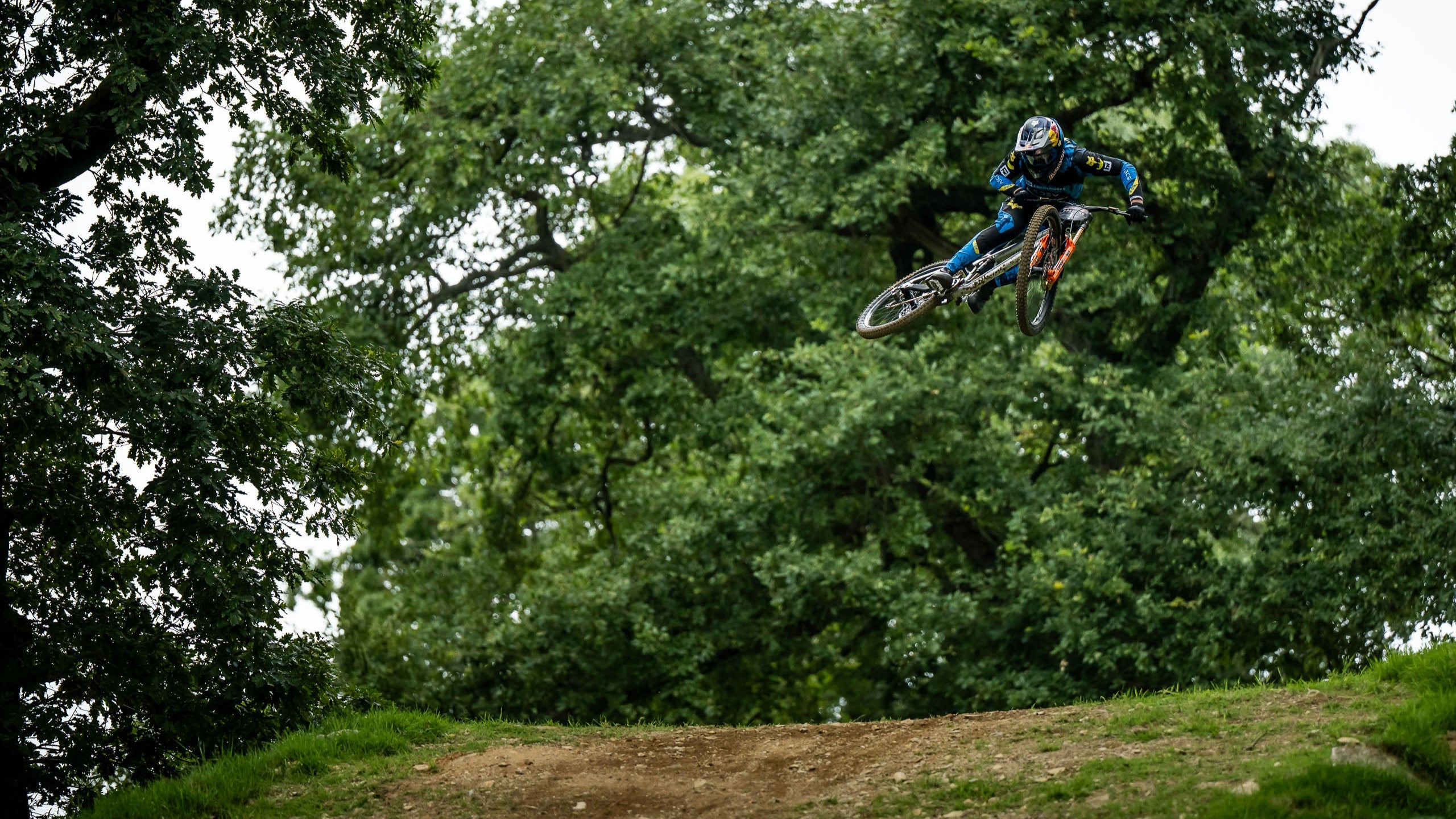 Biker in mid-air over a dirt jump with trees in the background