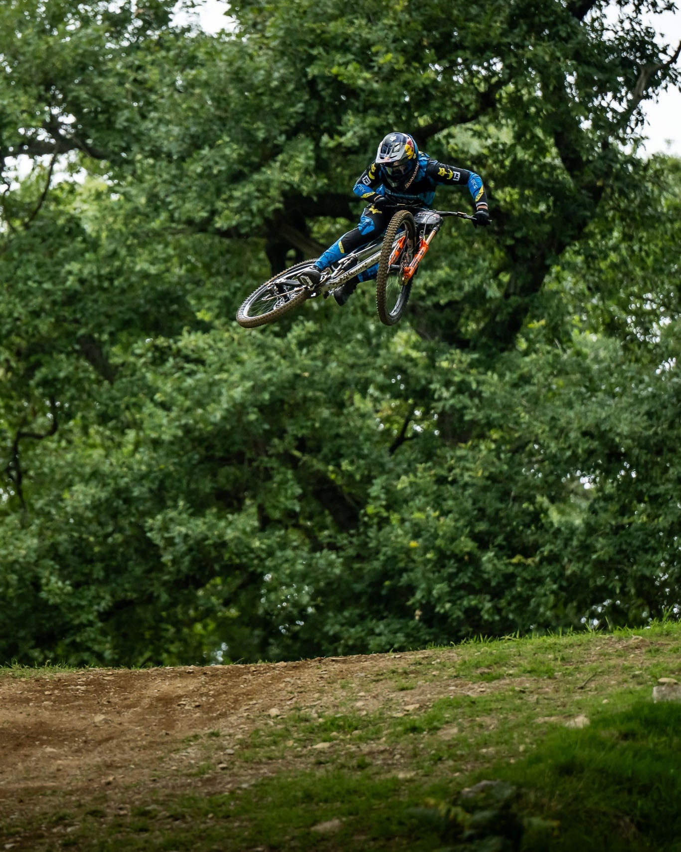 Biker in mid-air over a dirt jump with trees in the background