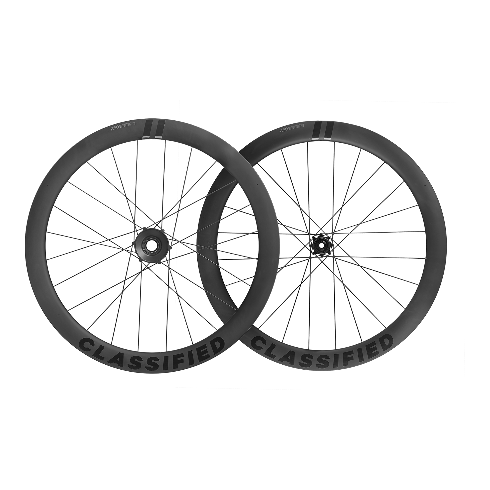 Two bicycle wheels with 'Classified' branding on a white background