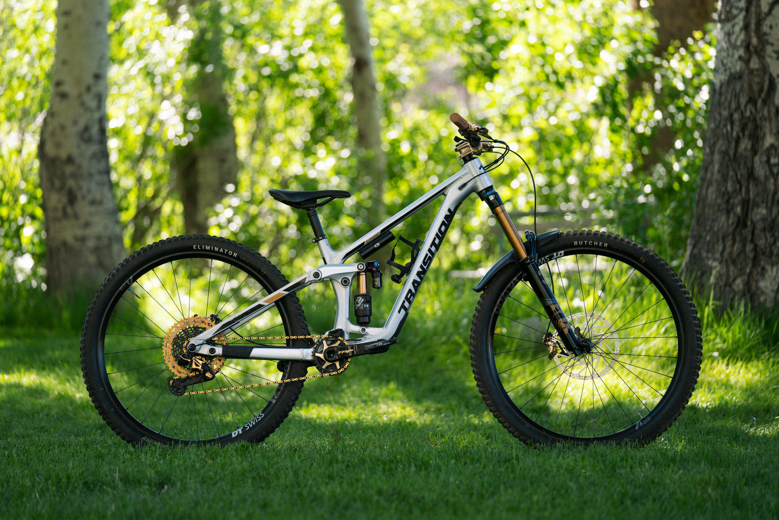 MTB outfitted with TRP EVO components like derailleur, cassette, chain, lever and shifter in gold