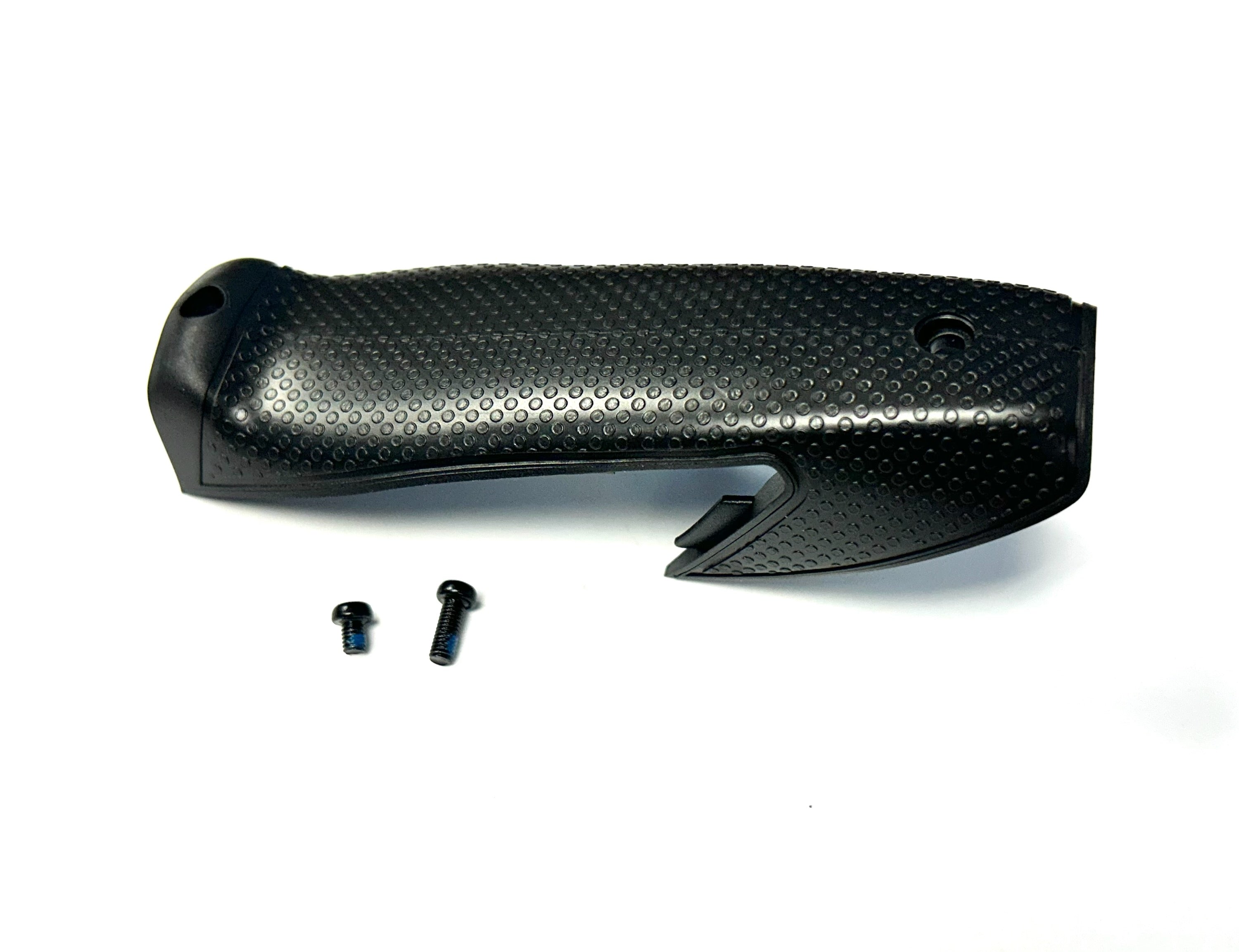 Black textured grip with two screws on a white background