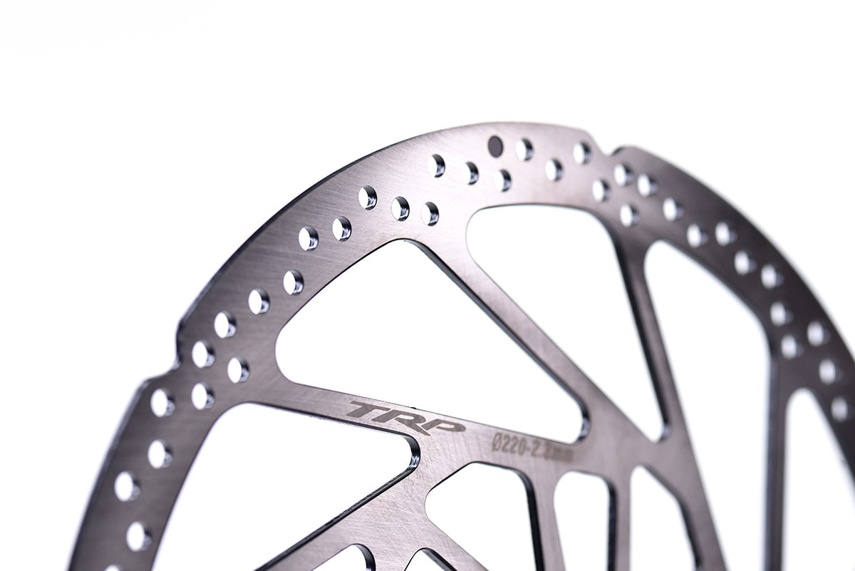 TRP EVO 220mm disc brake rotor with wear indicator for mountain bike safety and performance monitoring