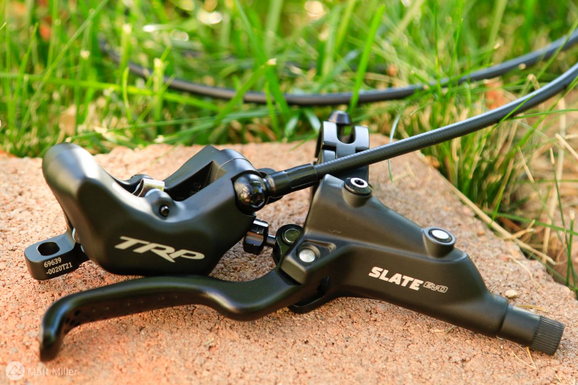 close-up of TRP Slate EVO trail brake system for all-mountain and enduro riding - precision hydraulic disc brake control