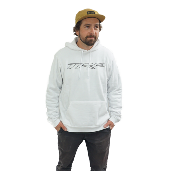 TRP white hoodie with logo, front view