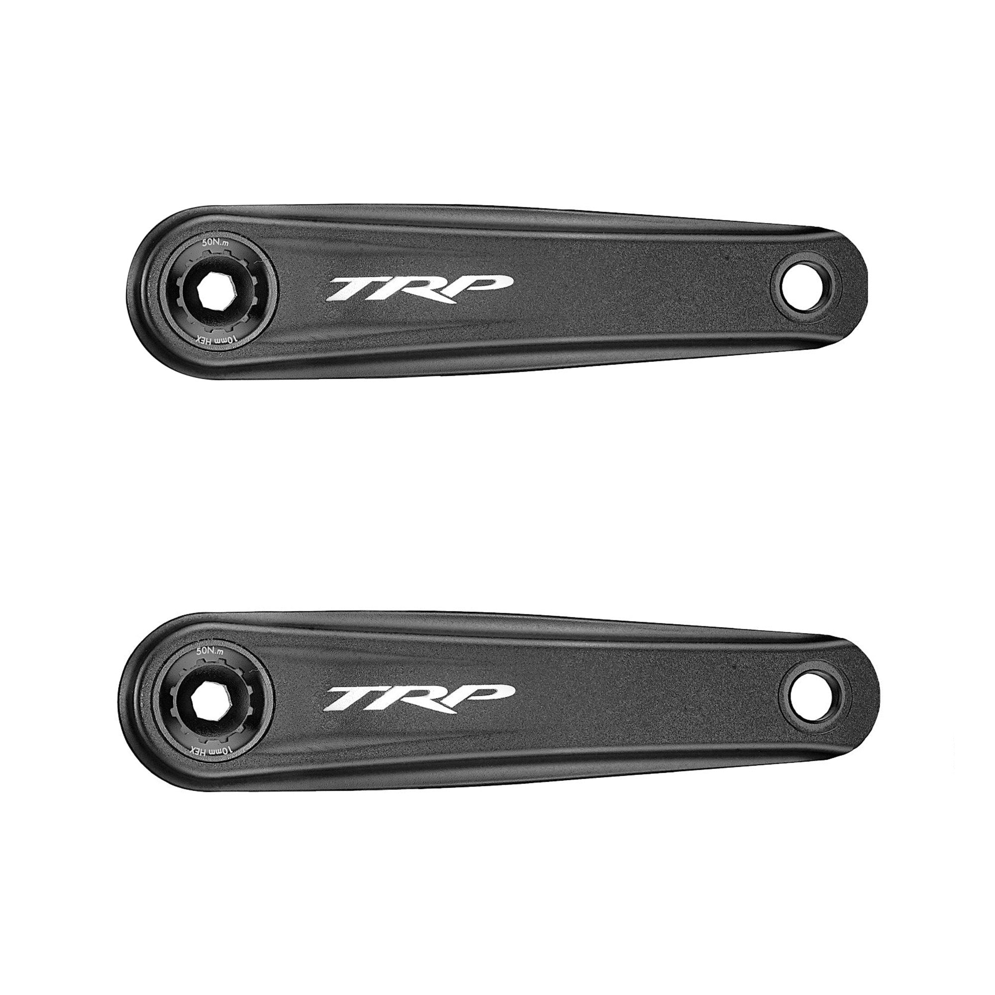 Two black bicycle cranks with TRP branding on a white background