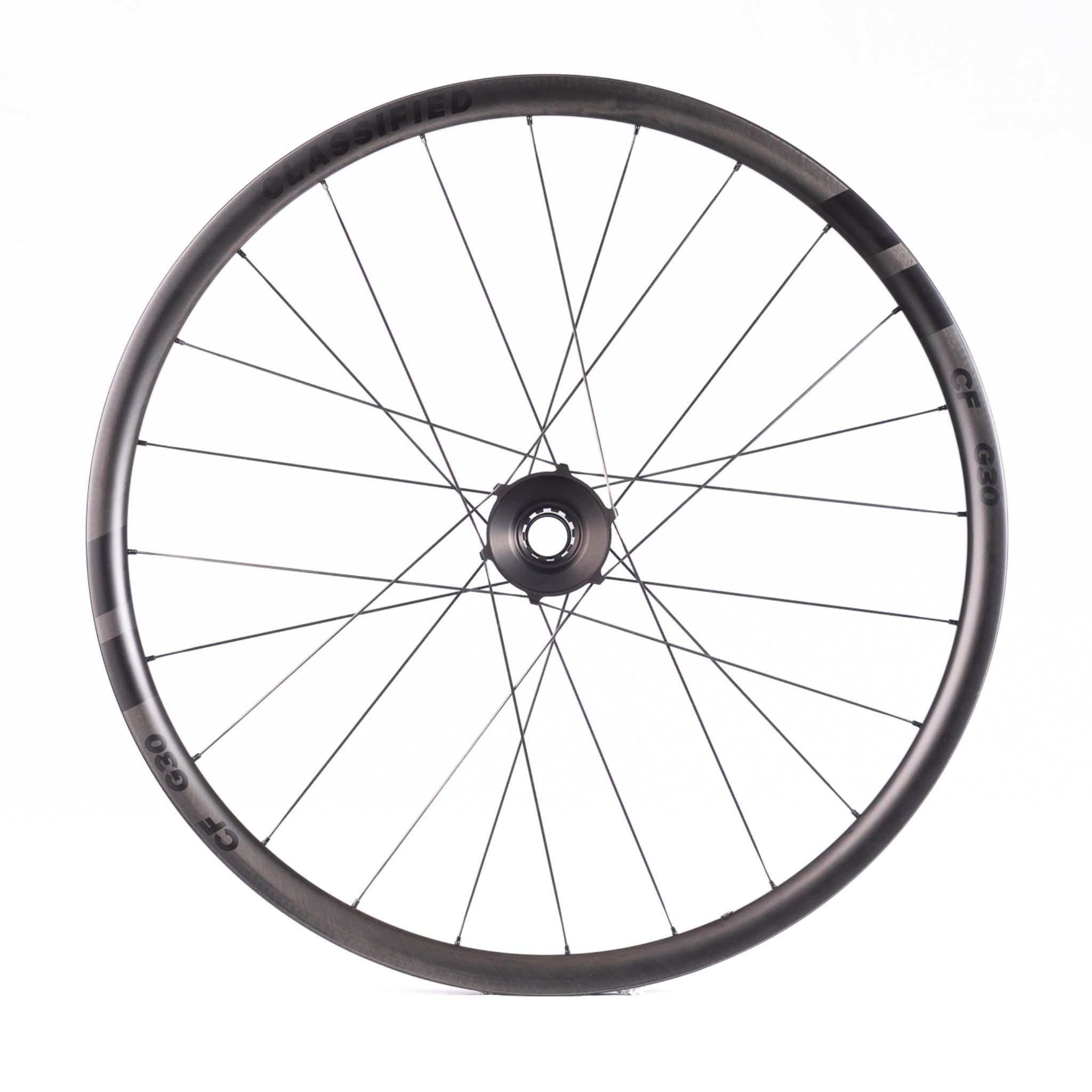 Bicycle wheel with black rim and spokes on a white background