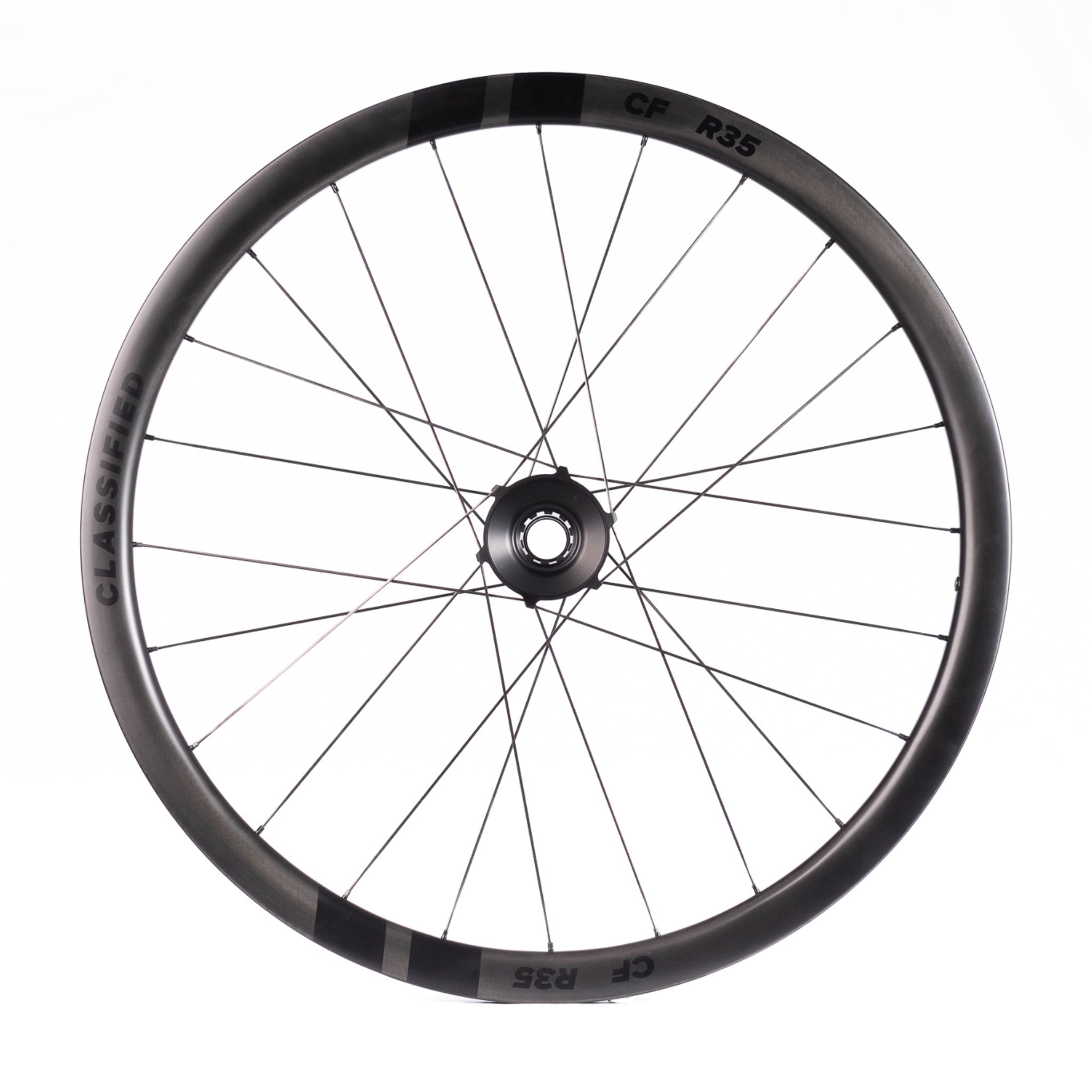 Bicycle Classified wheel with black rim and spokes on a white background