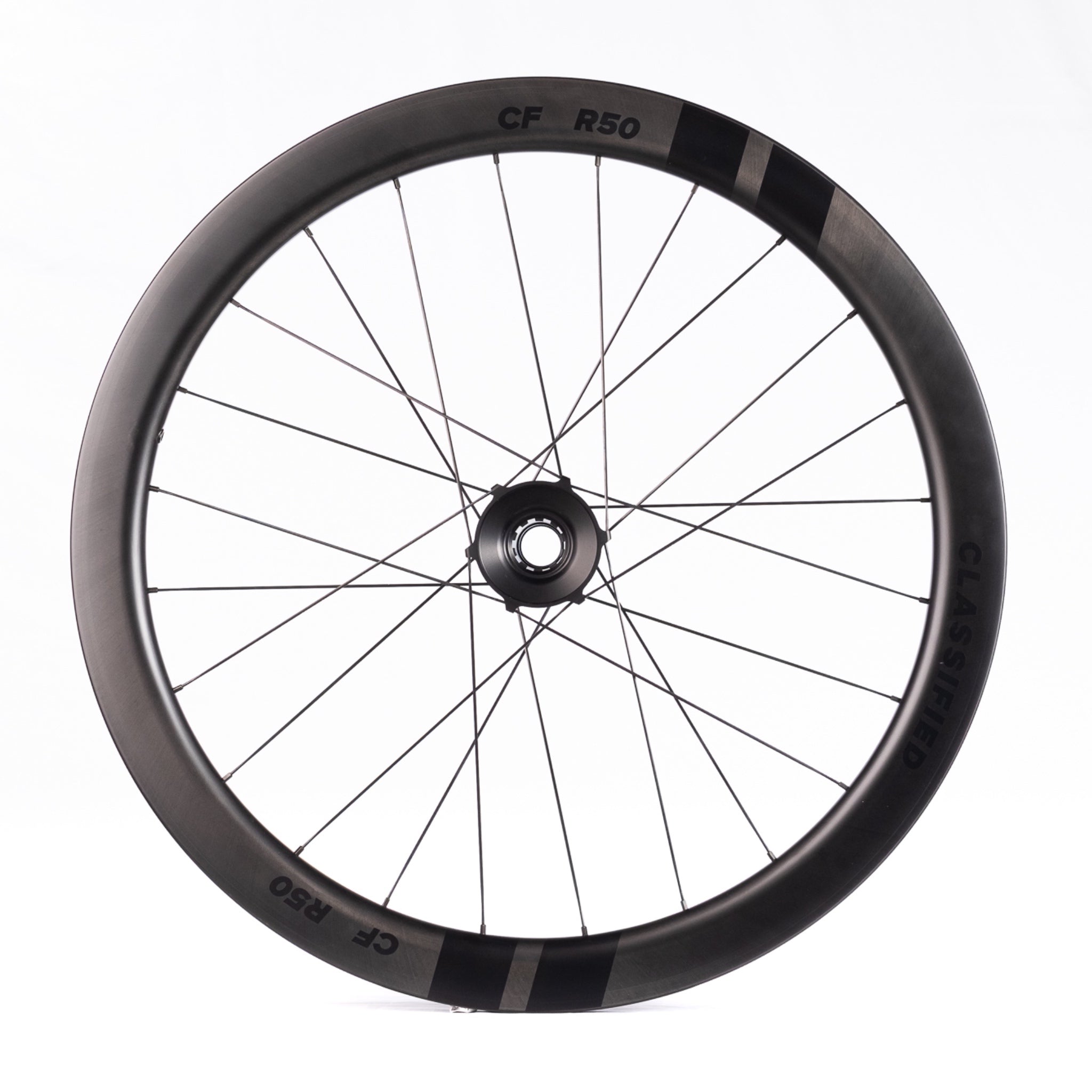 Black bicycle wheel with 'Classified R50' branding on a white background