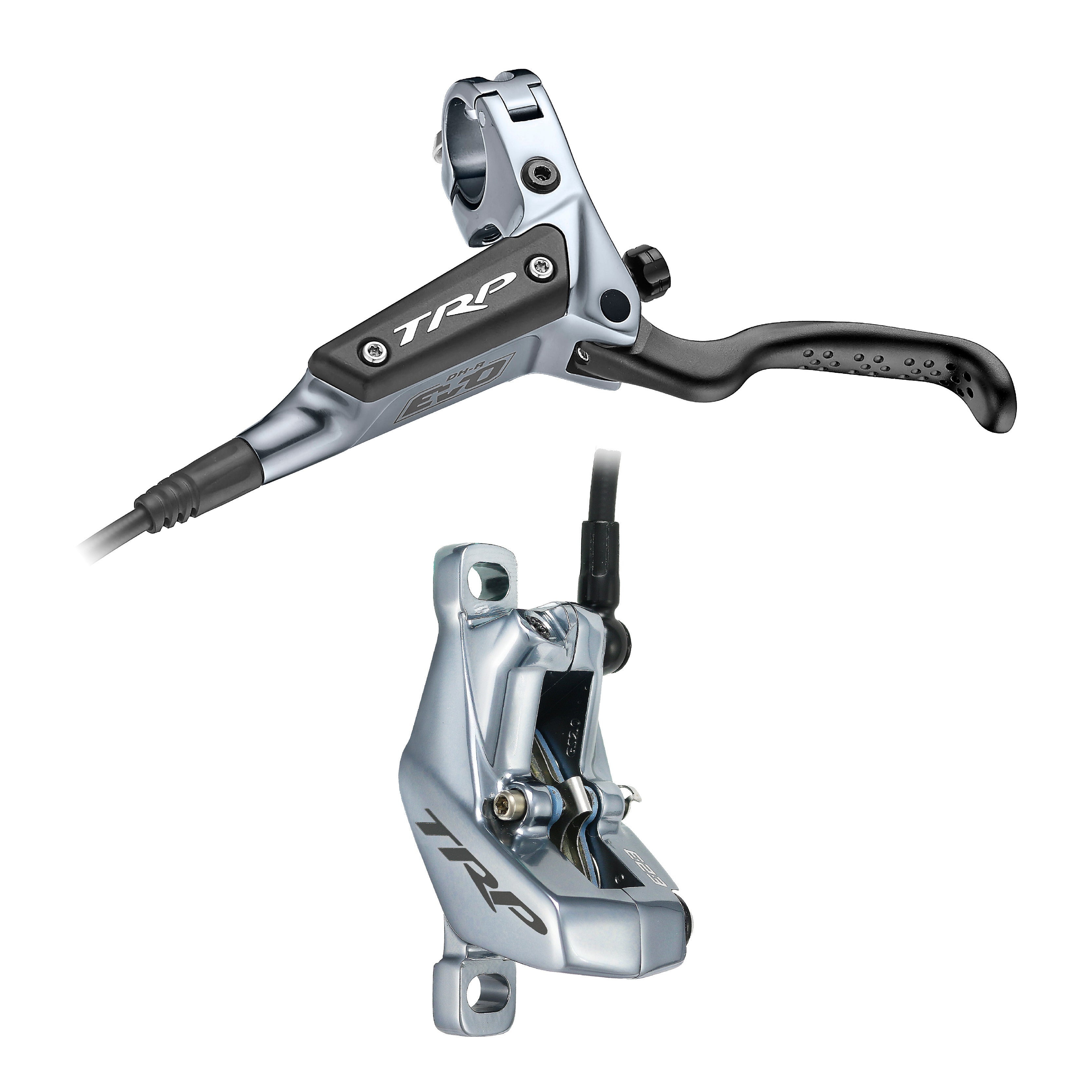 downhill rider braking with TRP DH‑R EVO 4‑piston hydraulic disc brakes — controlled stopping on steep descent