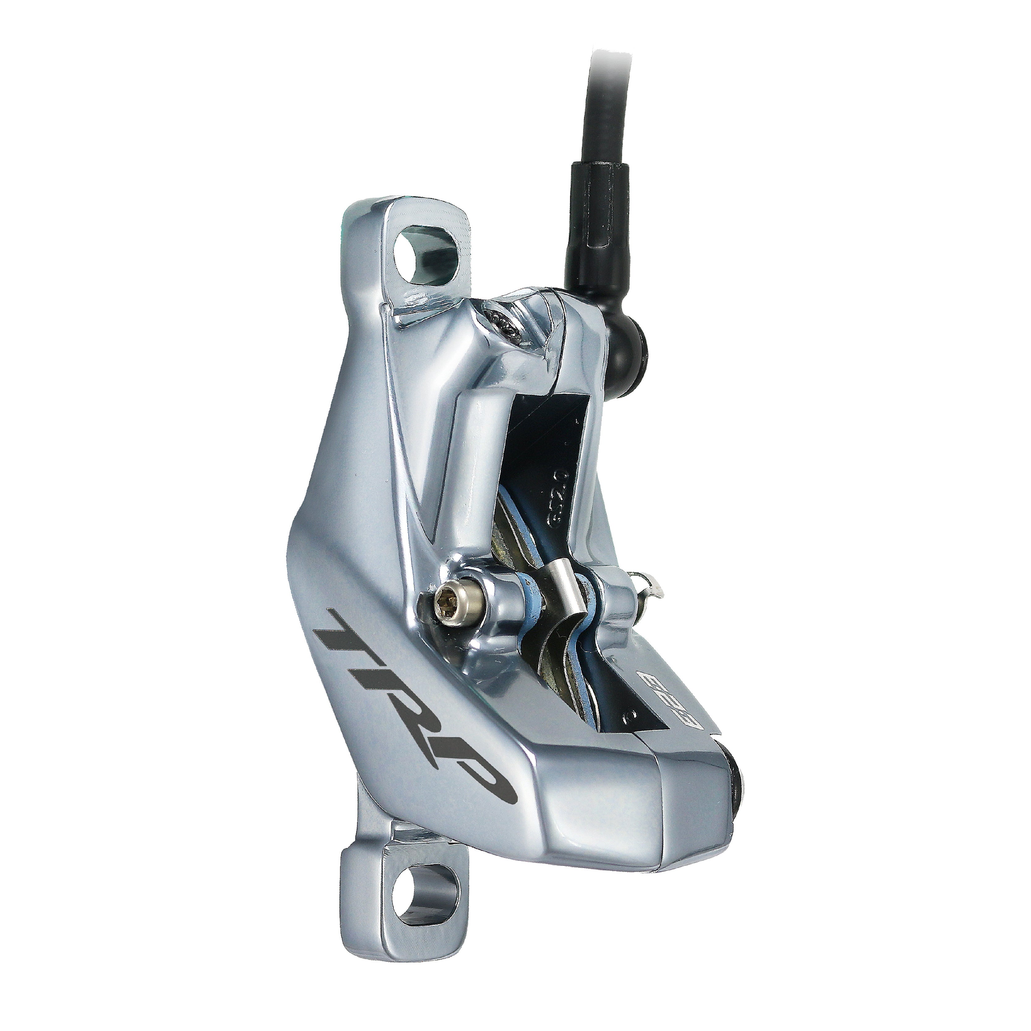 Silver TRP DH-R bicycle brake caliper on a white background