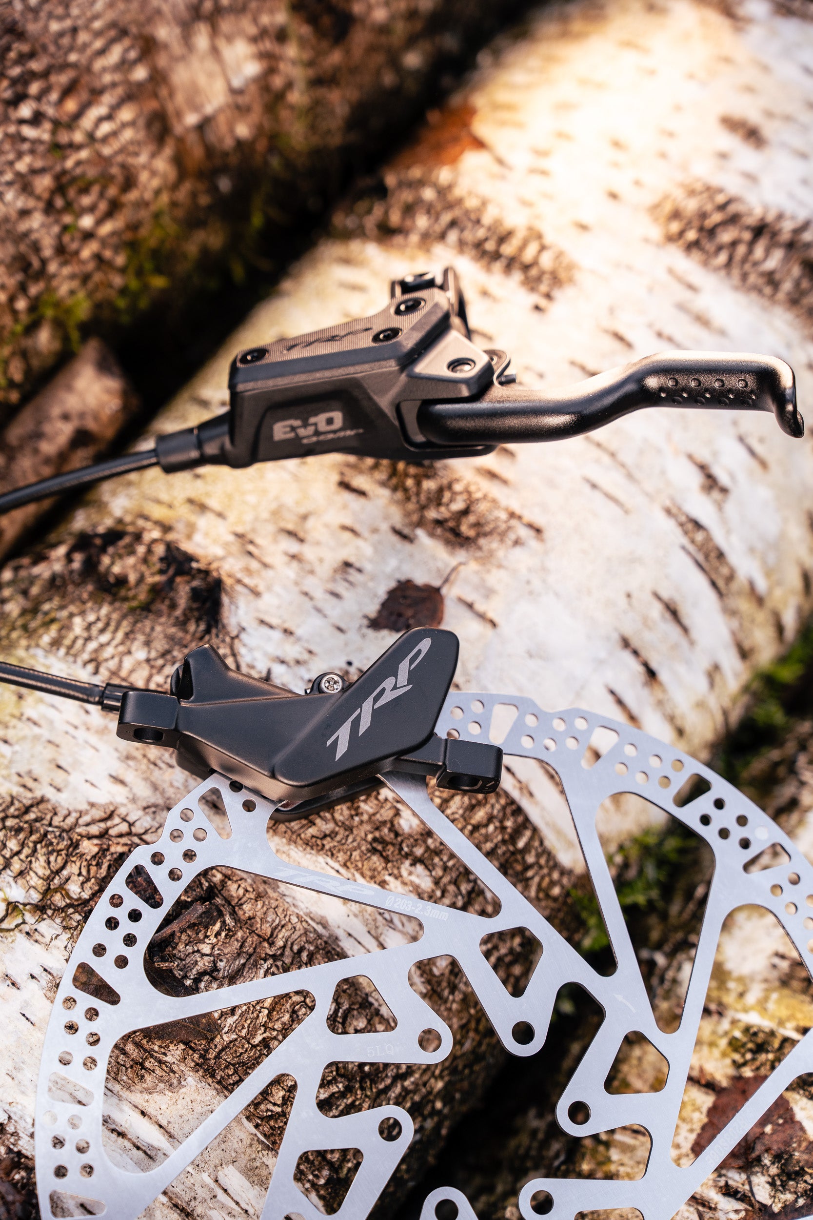 TRP EVO Bicycle brake lever and disc rotor on a wooden surface