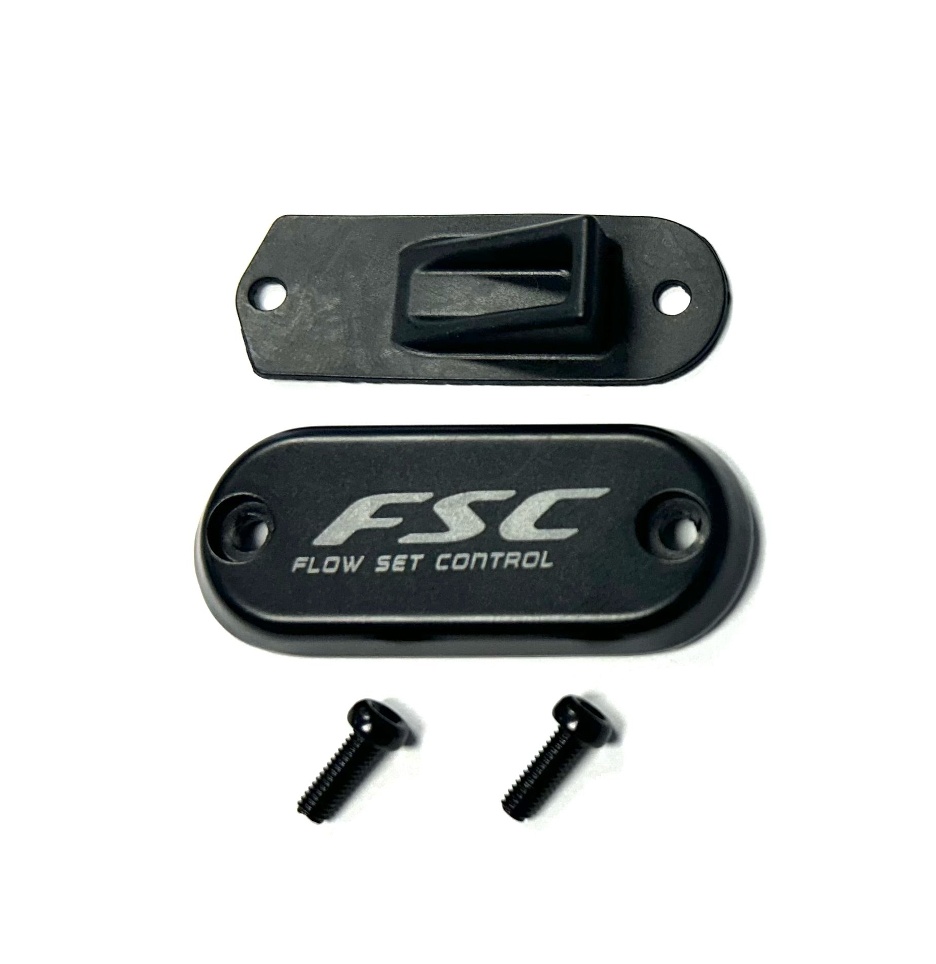Black 'FSC Flow Set Control' component with two screws on a white background