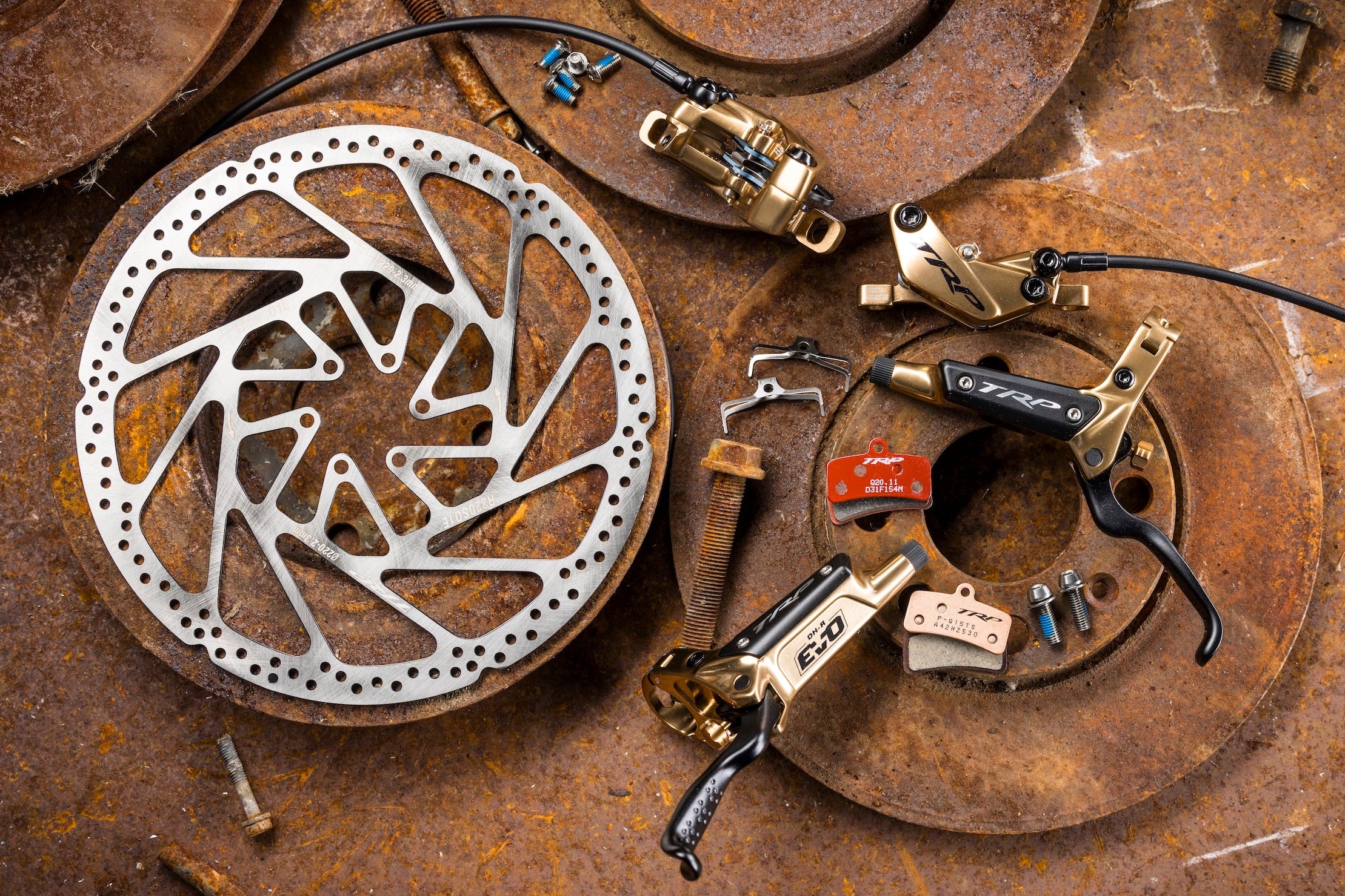 multiple parts of a TRP brake like rotor, caliper, lever, brake pads, and screws laid out in a rusty background