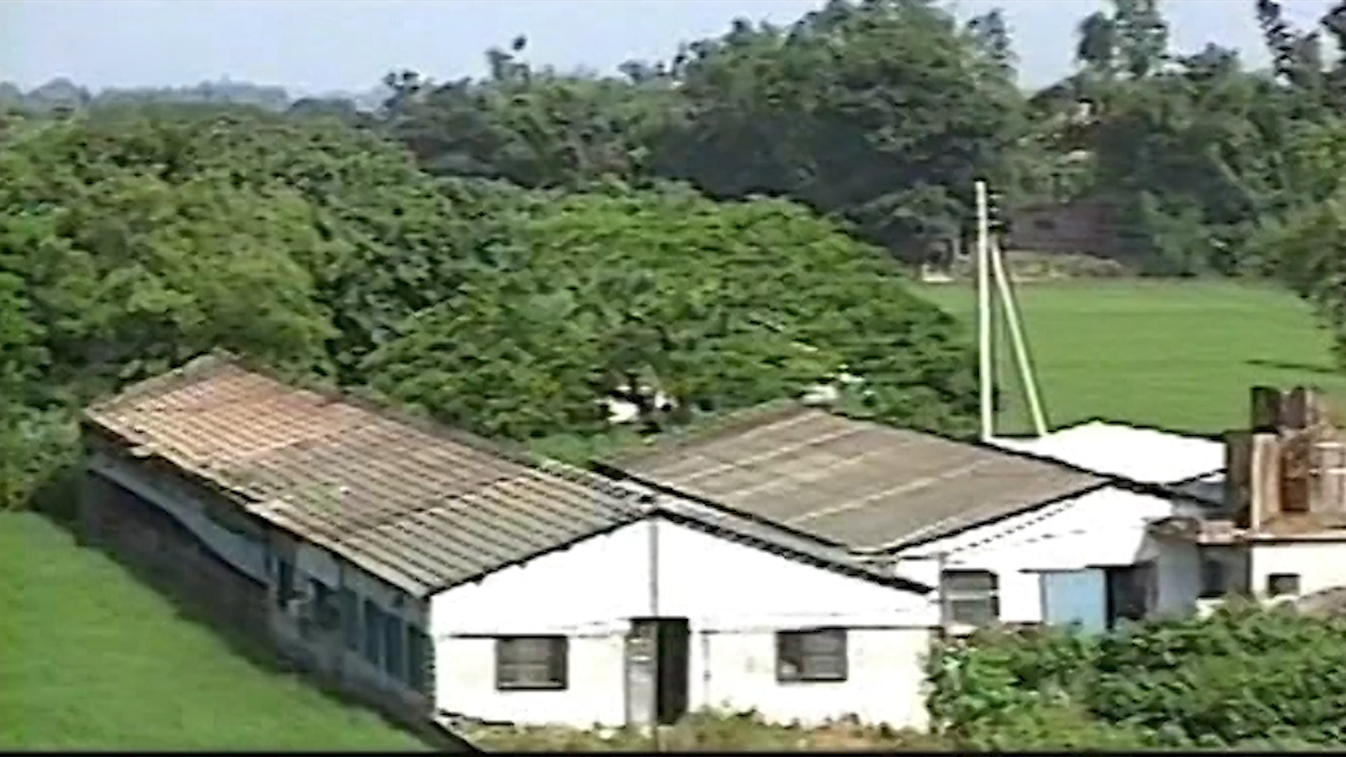 Aerial view of a white building with a corrugated metal roof, surrounded by green grass, trees, and a field in the background.
