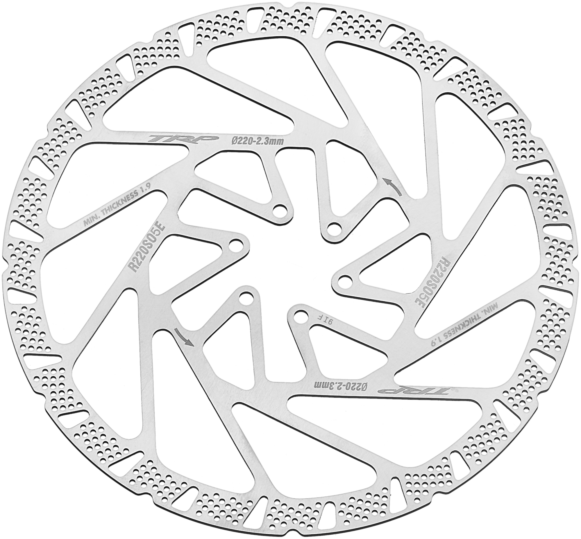 A silver metallic bicycle disc brake rotor with intricate cutouts and perforated edges, featuring engraved specifications and branding.