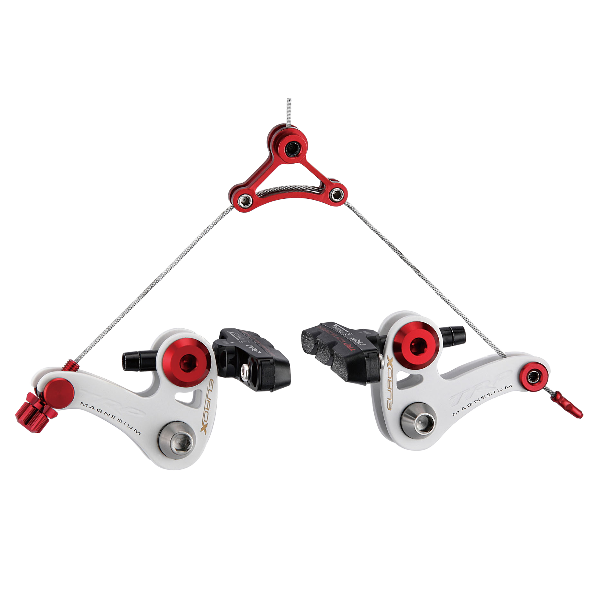 A pair of bicycle brakes with white bodies, red accents, arranged symmetrically on a white background.
