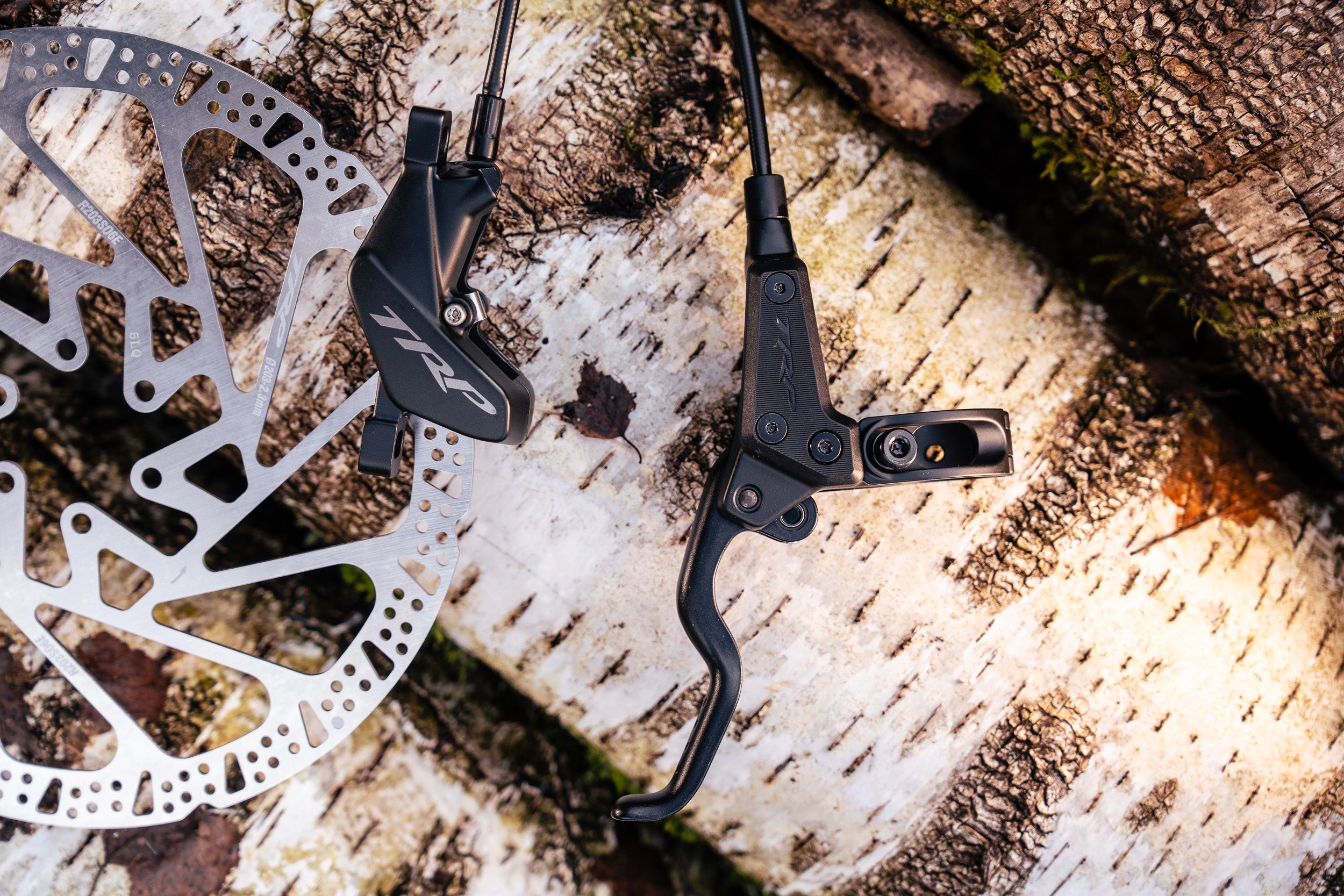 Bicycle brake lever and disc rotor on a wooden surface