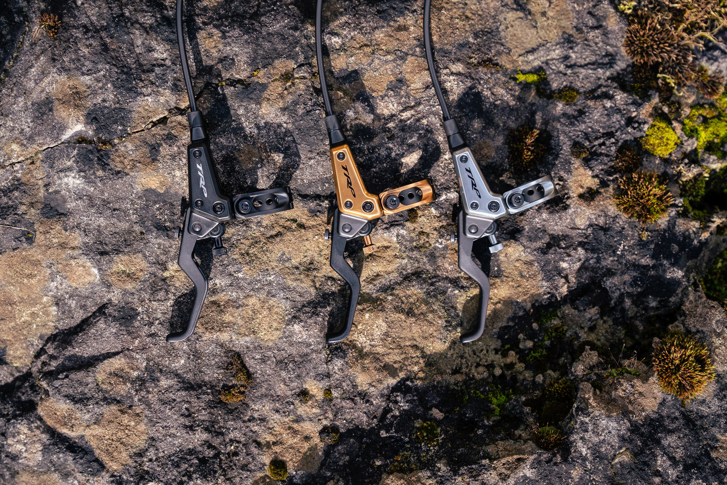 Three climbing ascenders on a rocky surface